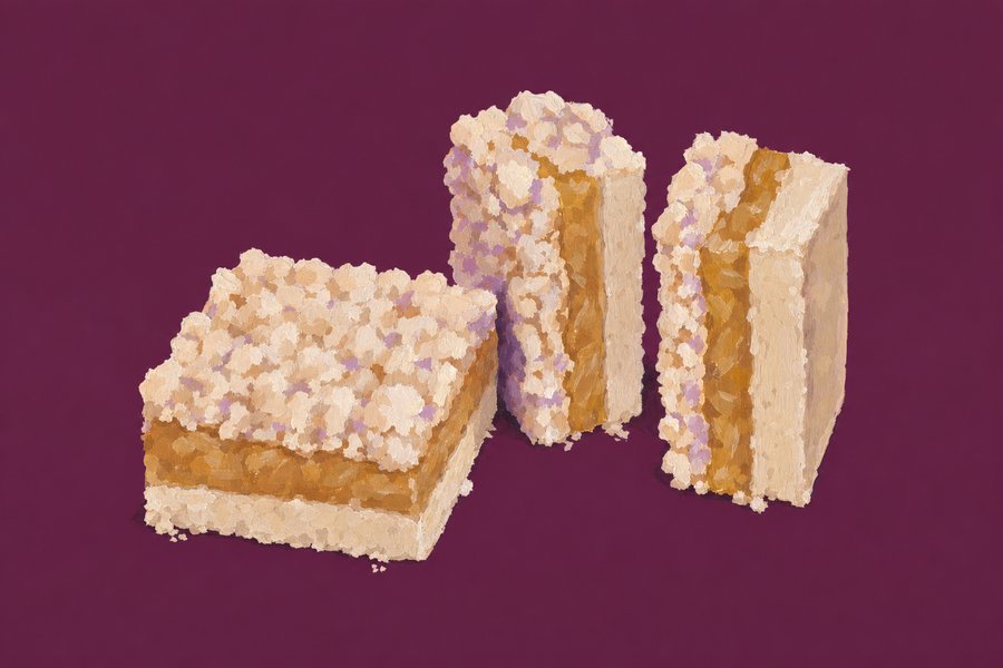 Three cut squares of apple shortbread, one flat and two on edge showing three bands in the cut face: a pale sandy base, a pale set apple layer, and a crumbled top.