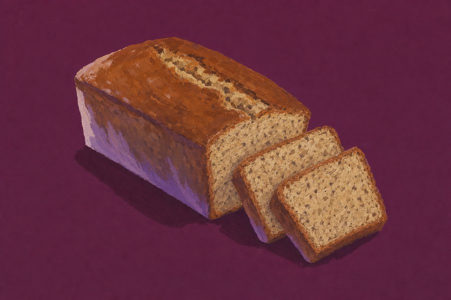 A rectangular banana loaf split lengthways along the top crust, with two thick slices cut and leaning against the cut face showing a tan crumb speckled with darker flecks.