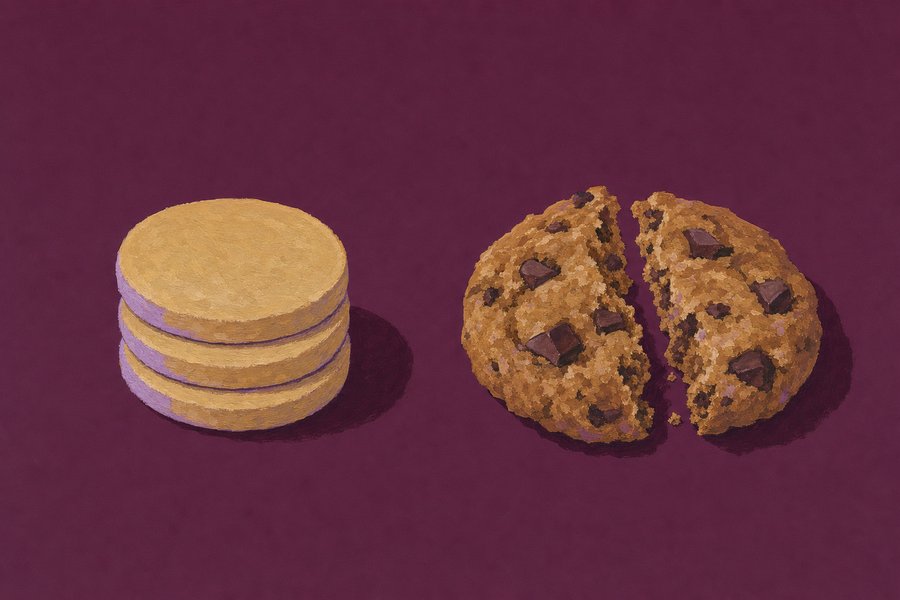 On the left three thin flat uniform sandy biscuits stacked; on the right one thick irregular craggy cookie with dark chocolate chunks, broken in half.