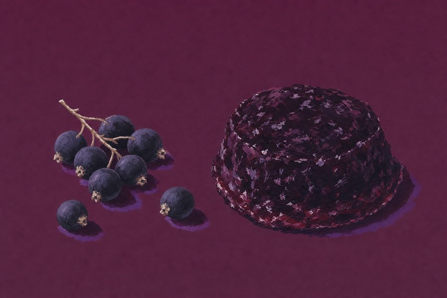 Blackcurrants and set blackcurrant jam on a plum ground: at the left seven dark berries on a thin stem with three loose ones, at the right a low dome of jam whose edge stands rather than spreads.