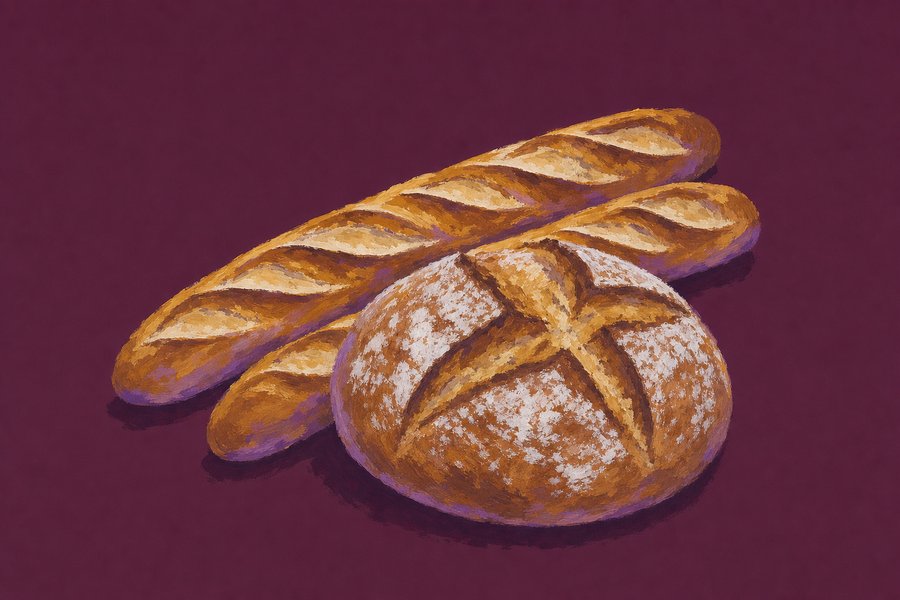 Two baguettes with diagonal scored ears lying behind one round, flour-dusted pain de campagne.
