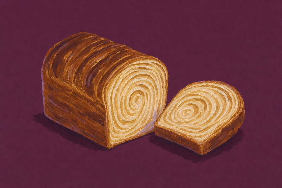 A loaf-shaped brioche feuilletée standing on its base with one end cut off and set beside it, the cut face showing many thin distinct layers spiralling through the crumb.