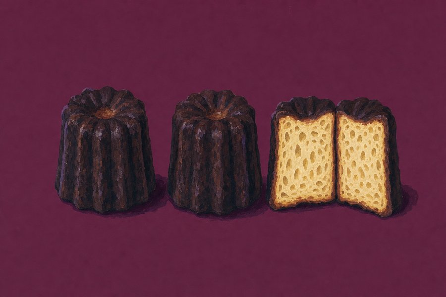 Three fluted canelés standing in a row, the third cut in half to show a pale, custardy, heavily holed interior inside a near-black crust.