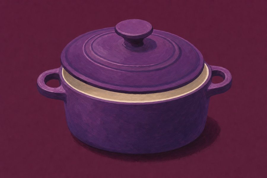 A heavy round violet-enamelled cast-iron casserole with two loop handles and its lid on, a band of pale cream lining showing at the rim.