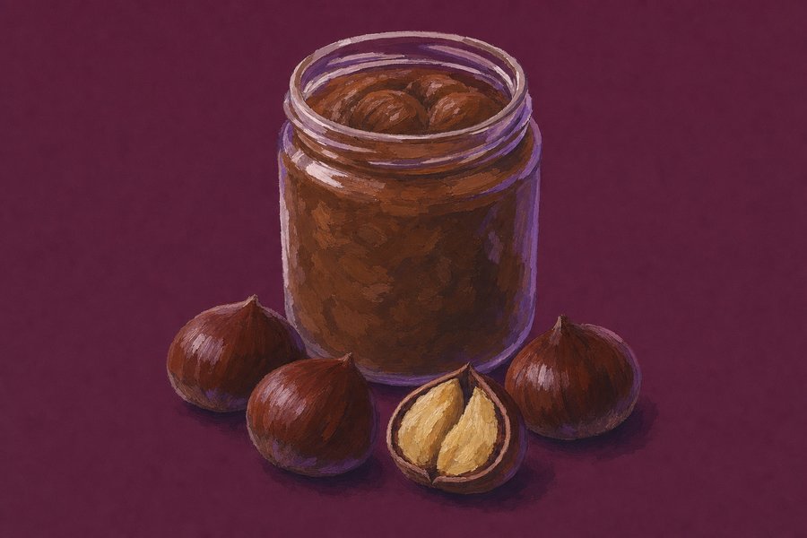 An open jar of thick opaque brown chestnut preserve with four whole chestnuts in front of it, one split to show a pale yellow interior.