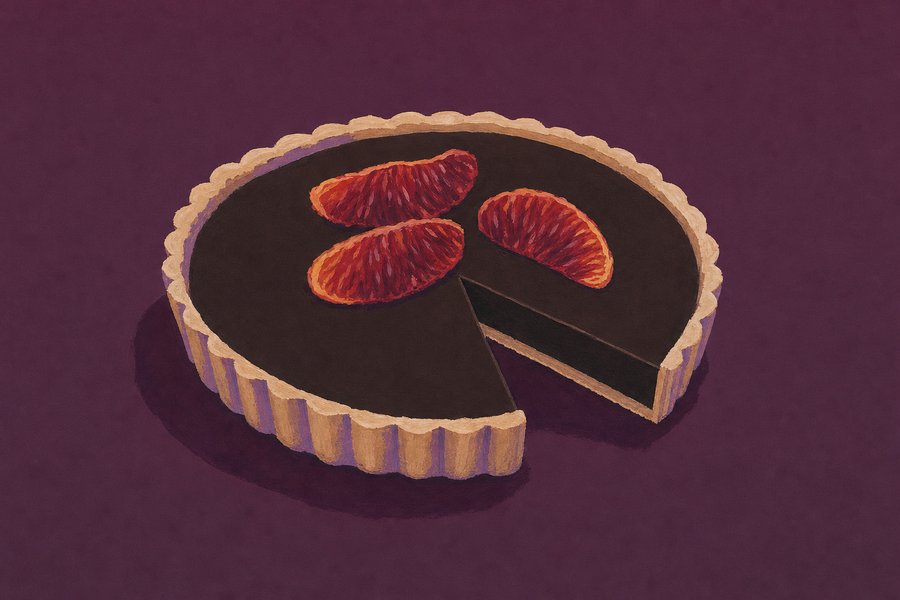 A round chocolate tart in a fluted pastry case with a flat matte very dark filling, one wedge cut away to show a thin crisp base, three blood orange segments on top.