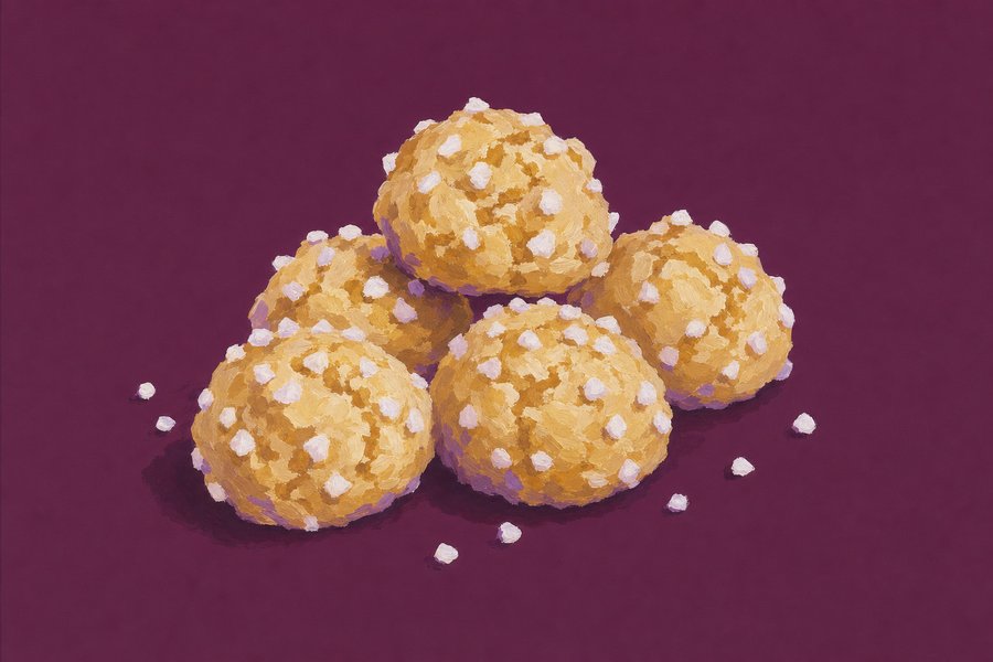 Five small irregular choux buns in a loose heap, each studded with coarse white pearl sugar, some grains fallen around them.