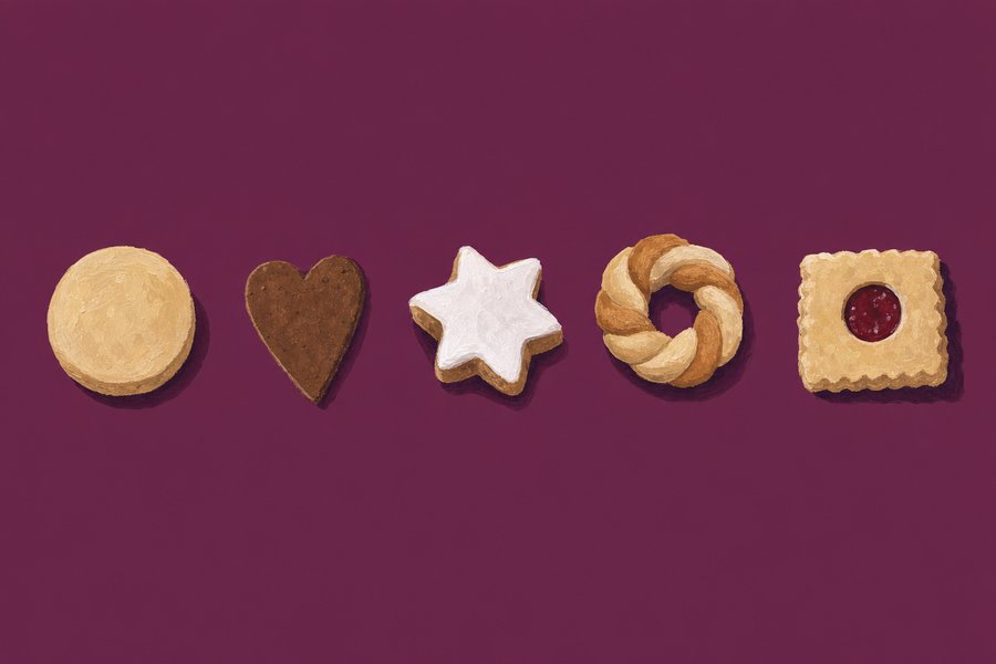 Five clearly different small Christmas biscuits laid in a row with space between them: a pale round, a dark thin heart, a white-topped star, a twisted ring and a jam-centred square.