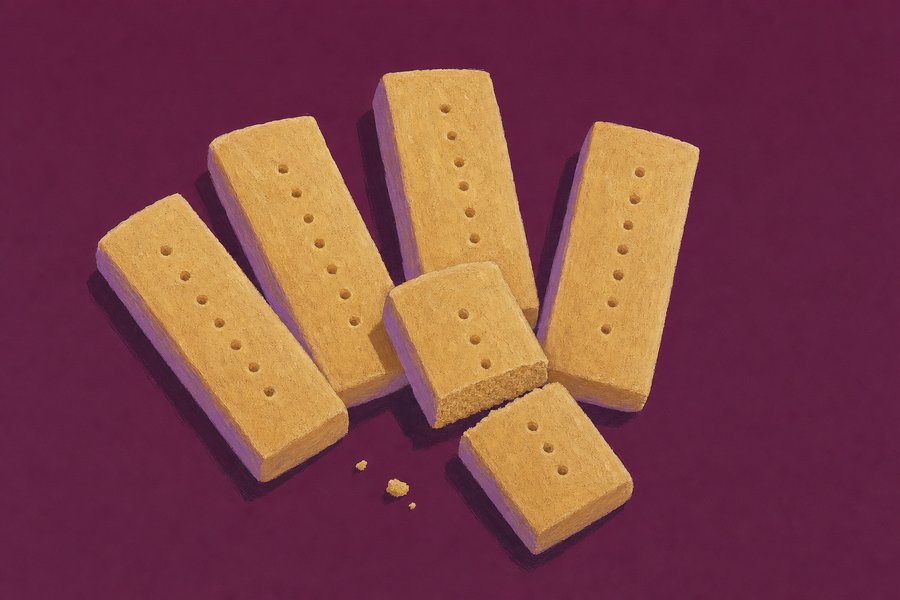 Five straight rectangular shortbread fingers with rows of fork-docked holes arranged in a loose fan, one broken across to show a fine tight sandy break.