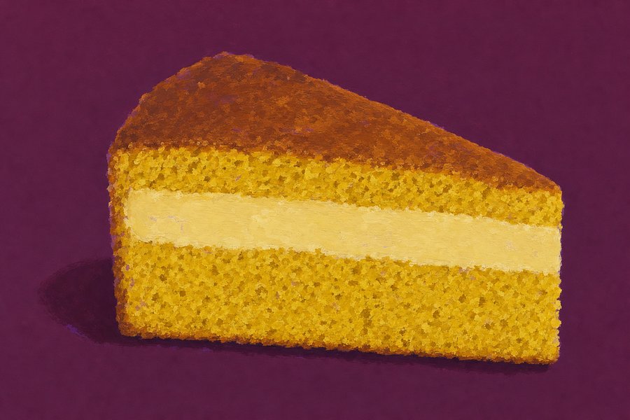 A thick triangular wedge of cornbread standing on its base, the cut face showing three bands: a coarse yellow crumb below, a pale set custard through the middle, and a browned top.