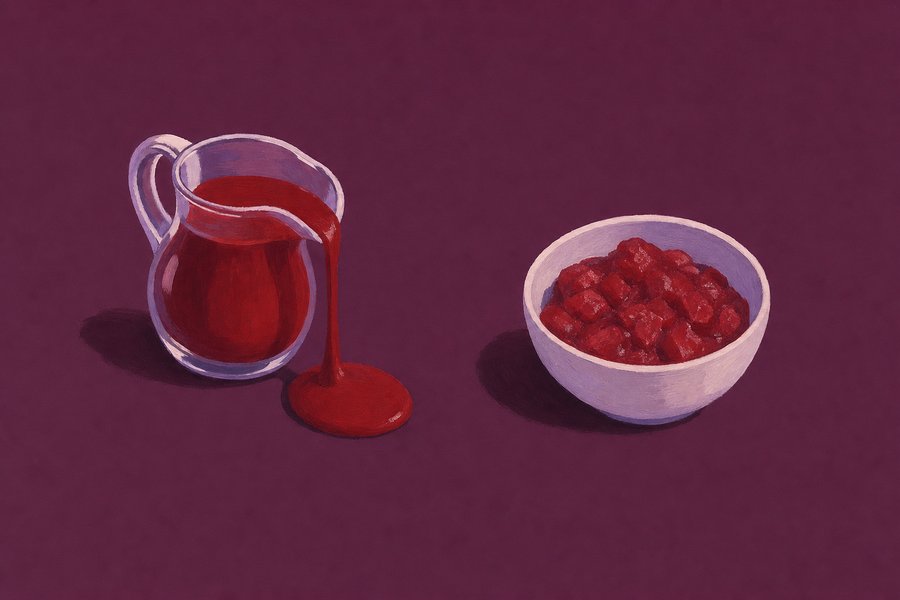 On the left a small glass jug with a smooth even deep red sauce running from its lip; on the right a small bowl of a duller red mixture with whole fruit pieces in it.