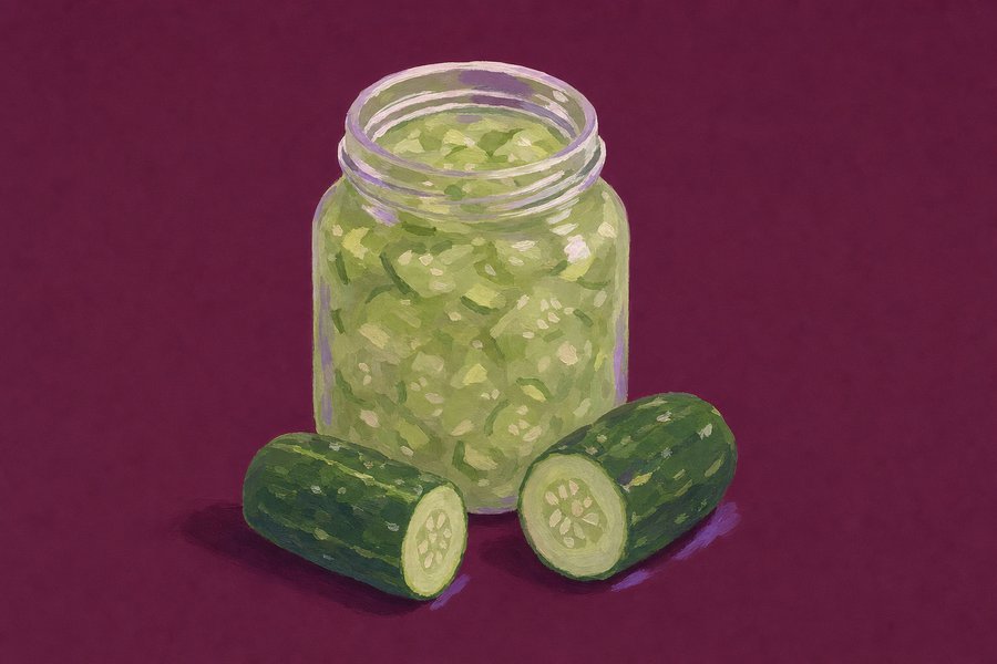 An open jar of translucent pale green cucumber jam with pieces suspended in it, and two short lengths of cucumber in front, one cut across to show the seeded centre.