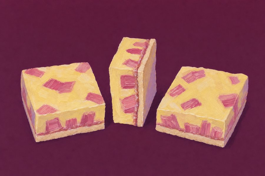 Three cut squares, one on edge showing a thin pale base under a set yellow custard with pink rhubarb pieces suspended through it.
