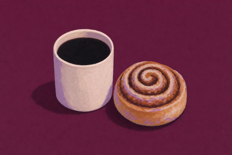 A plain cream cup of very dark coffee seen from slightly above, with one round spiral cinnamon bun beside it.