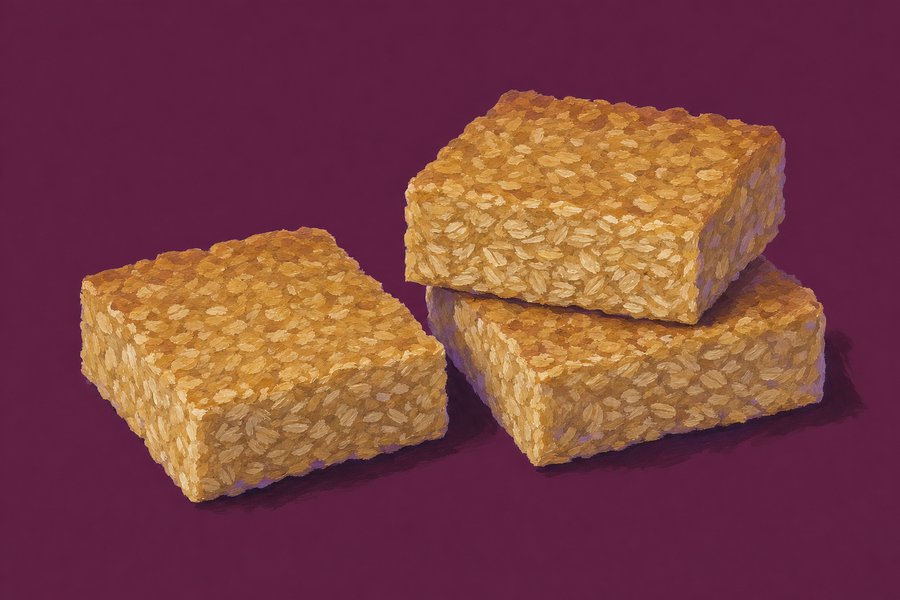 Three thick rectangular oat flapjacks, one lying flat and two stacked, the rolled oats visible at the cut faces.
