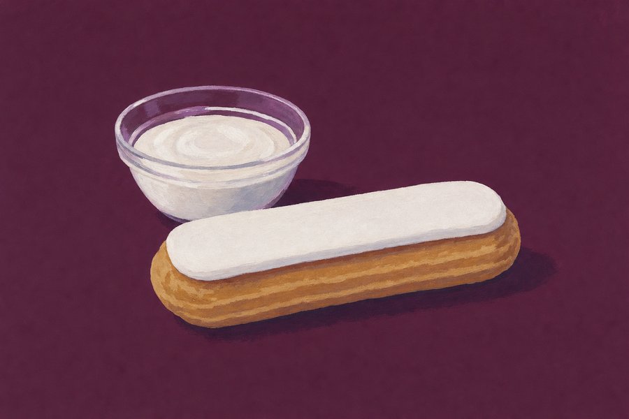 A small glass bowl of opaque chalk-white poured fondant behind one éclair with a flat panel of the same icing across its top, ending in a clean line.