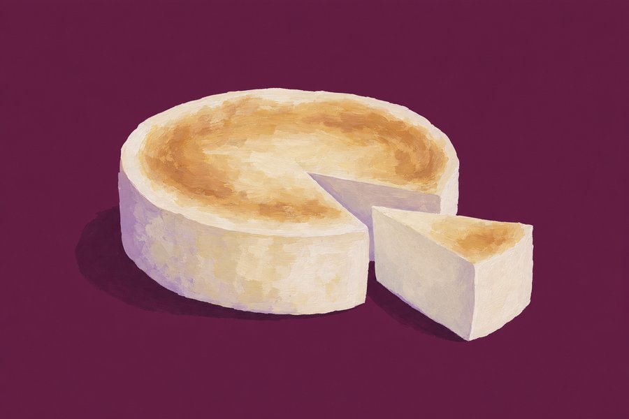 A low round baked fromage blanc cheesecake with a lightly browned top that has sunk slightly in the middle, one wedge cut and drawn away to show a smooth dense body with no base crust.