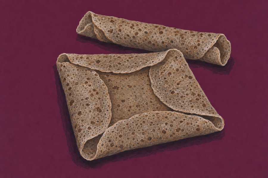 A large thin buckwheat galette folded into a loose square, speckled and lacy with small dark blisters, a second one rolled behind it.