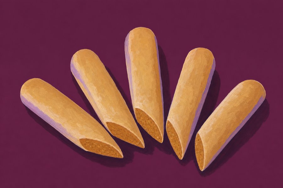 Five long thin diagonally cut fingers of baked honey dough arranged in a loose fan, their ends cut at a slant.