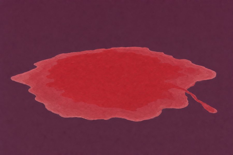 A shallow pool of unset jam on a plum ground. Its soft irregular edge has run outward and is palest where it spread thinnest, and one narrow tongue runs away from the mass at the right.