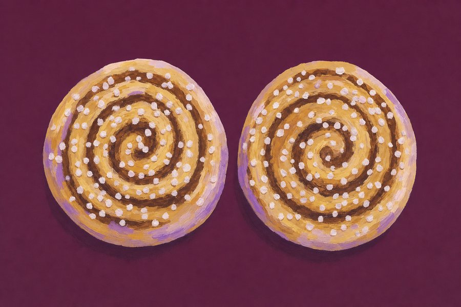 Two round kanelbullar seen from directly above, the cinnamon spiral clearly visible in each, scattered with coarse pearl sugar.