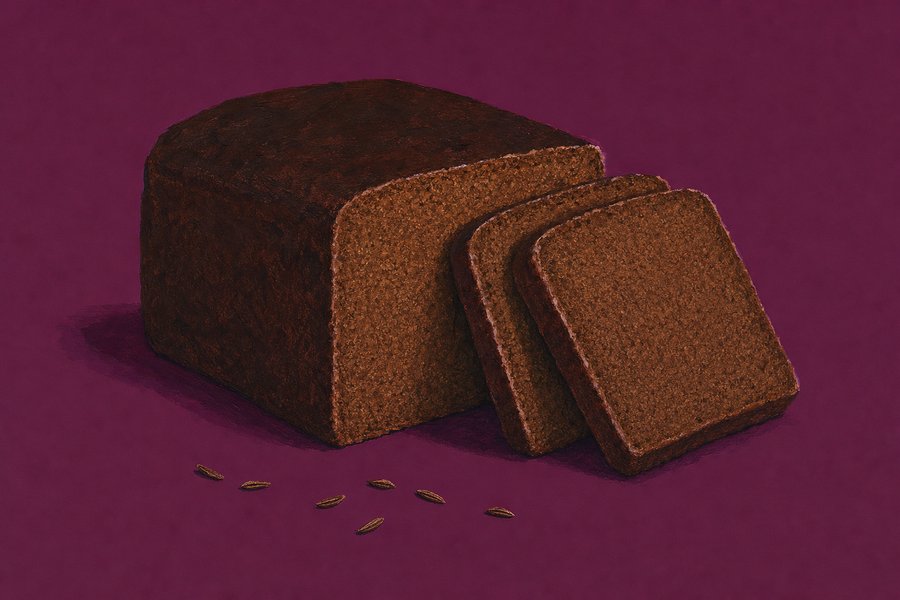 A dark squat loaf of Swedish kavring rye bread with three slices cut and leaning against the cut face, showing a dense even brown crumb, and a scatter of caraway seeds in front of it.