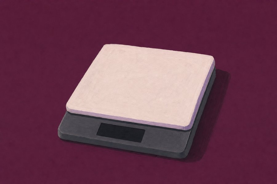 A flat digital kitchen scale with a matte off-white square platform on a low dark grey body, its display blank, seen from slightly above.