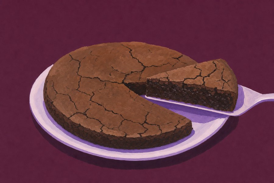 A low round kladdkaka with a thin cracked top, one wedge lifted to show the sticky, deliberately undercooked middle.