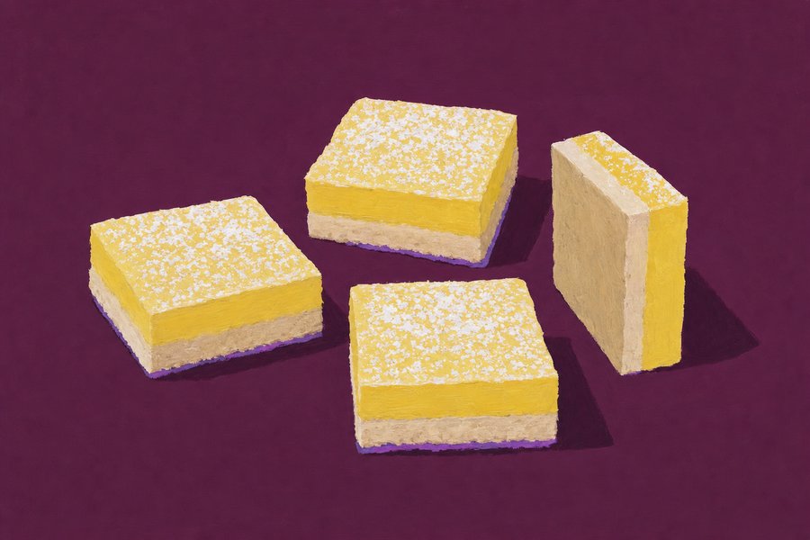 Four lemon squares dusted with icing sugar, three lying flat and one on edge showing a pale shortbread base under a thicker set yellow topping.