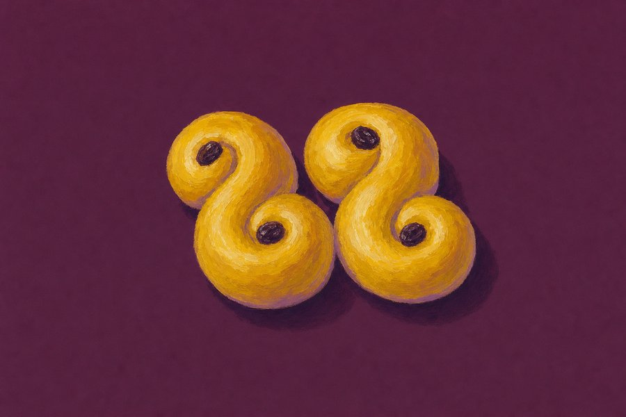 Two saffron-yellow lussekatter, each a rope of dough coiled into an S with a spiral at either end and a raisin pressed into the middle of each spiral.
