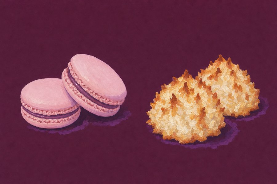 On the left two smooth pale pink sandwich macarons with ruffled feet and a filling between the shells; on the right two irregular browned coconut mounds.