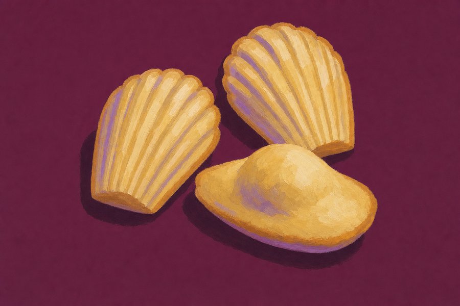 Three shell-shaped madeleines, two ridged-side up showing the scallop lines and one turned over so the pronounced domed hump on its underside is most visible.