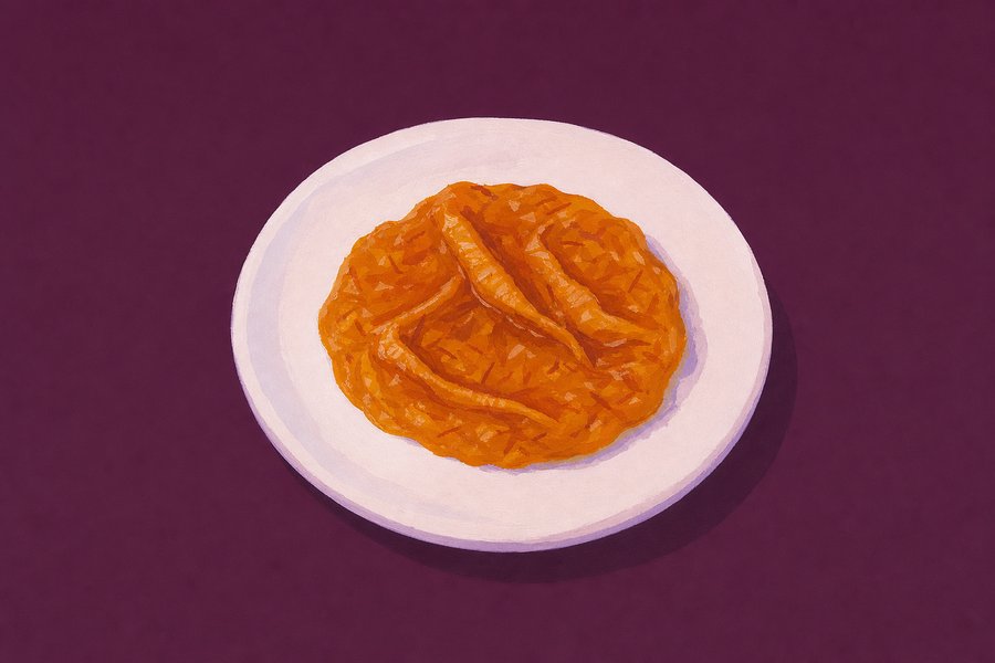 A blob of amber marmalade on a small pale plate, its surface pushed into three soft ridges where the skin has crumpled and held its folds, with fine shreds of peel visible through it.