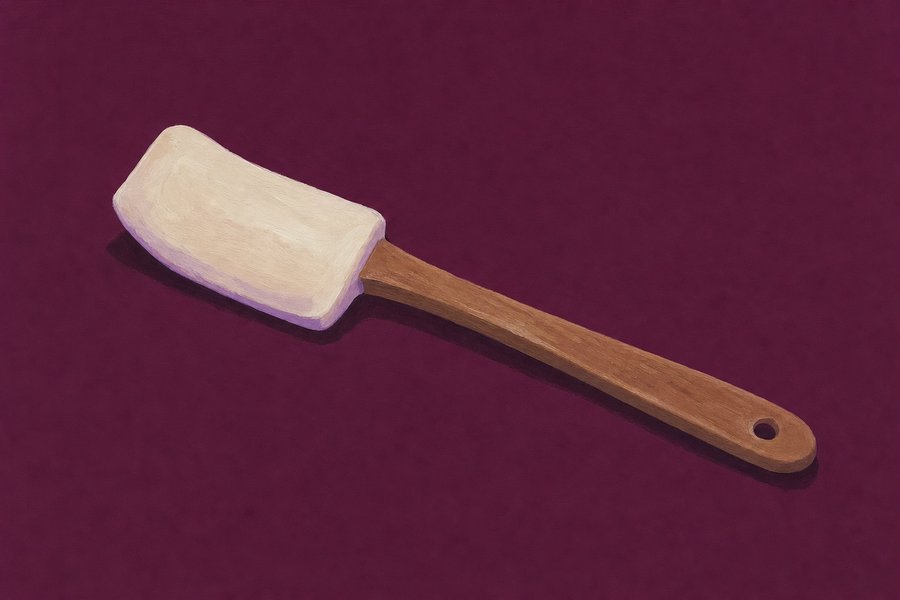 Une spatule souple à manche en bois, la lame crème légèrement fléchie à la pointe, posée en diagonale.