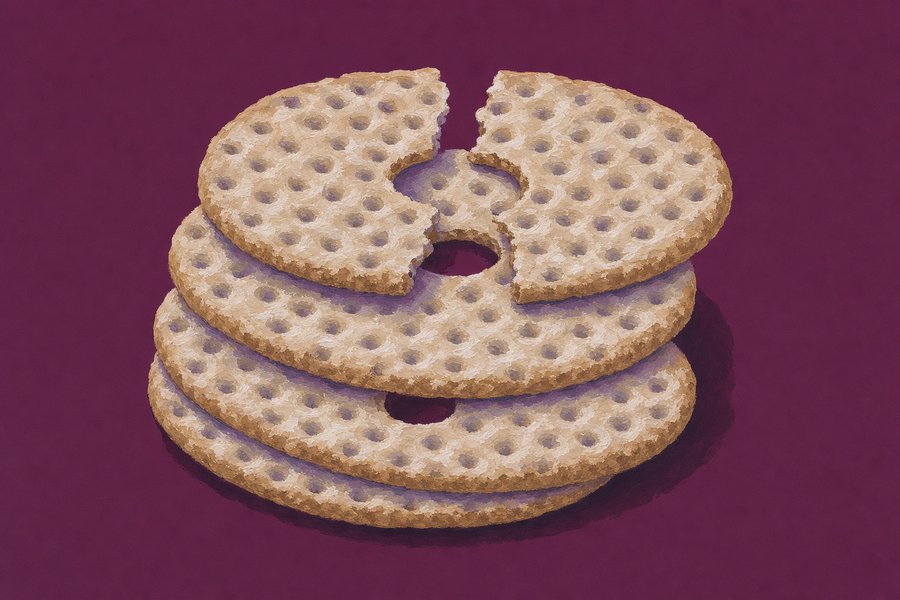 Four large round dimpled crispbreads stacked slightly off-centre, each with a hole through the middle, the top one broken in half.