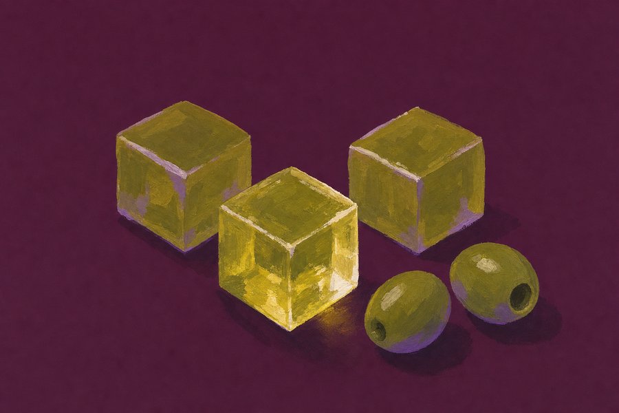 Three translucent green-gold cubes of set olive oil jelly, one catching the light through its body, with two whole green olives beside them.