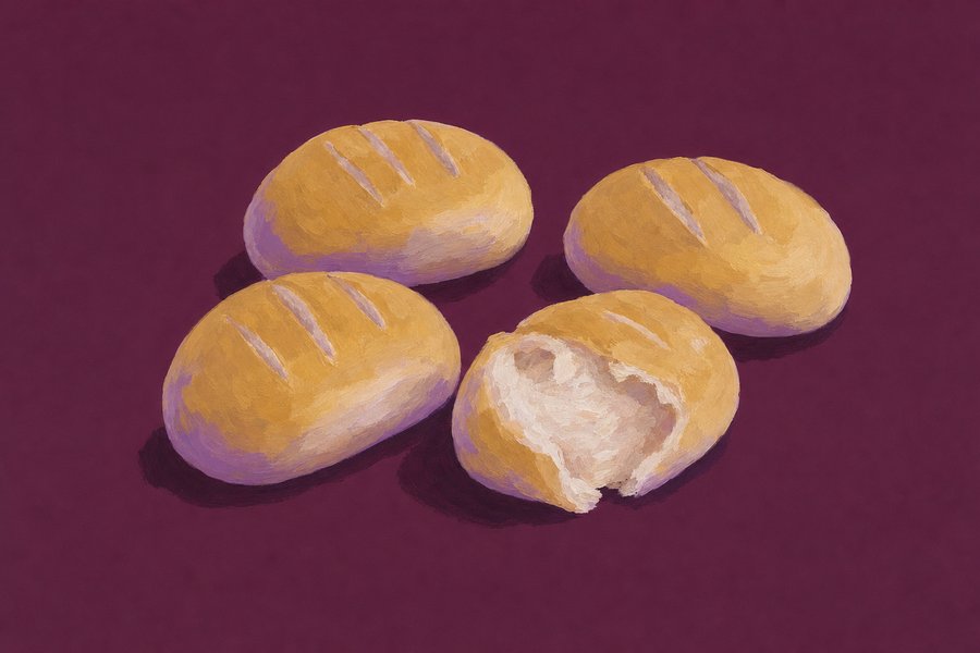 Four small oval milk rolls with shallow diagonal snips across the top, one torn open to show a very fine cottony pale crumb.