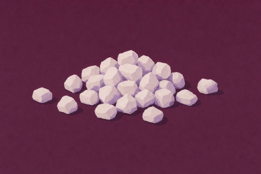 A low mound of about twenty-five coarse white sugar nibs on a plain plum ground, a few strays scattered beside it. Each grain is chunky and many-faceted rather than fine or round.