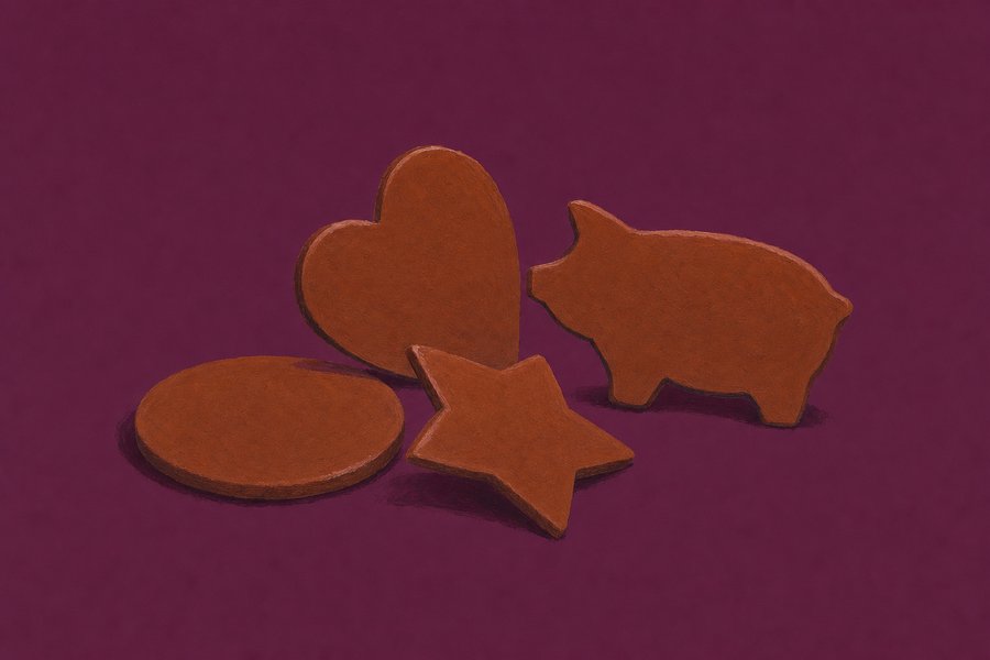 Four very thin dark-brown pepparkakor grouped together: a heart, a pig, a star and a plain round, the heart and the pig standing on edge so their thinness shows.