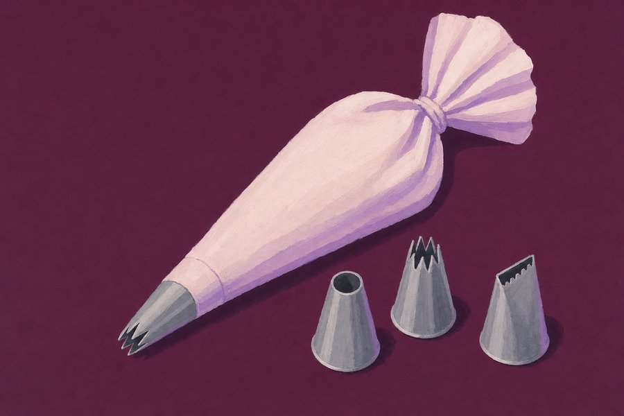 A cloth piping bag lying diagonally with a star nozzle fitted, and three loose nozzles beside it: a plain round, an open star and a flat petal.