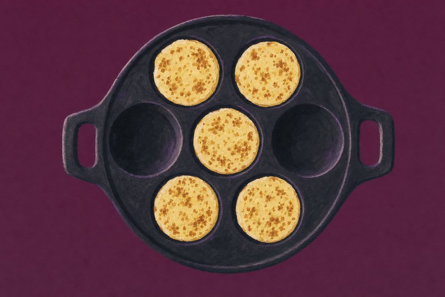 A dark round cast-iron plett pan seen from above with seven shallow wells, five holding a small thin pancake and two empty.