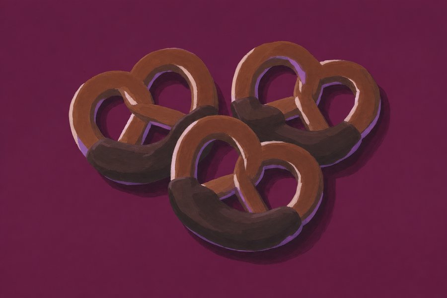 Three classic knotted pretzels overlapping in a loose group with deep mahogany crusts, the lower half of each coated in matte dark chocolate.