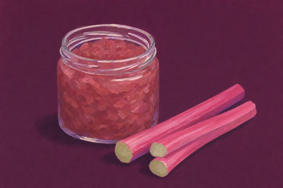 An open jar of soft-set rhubarb jam with two trimmed pink rhubarb stalks laid beside it.