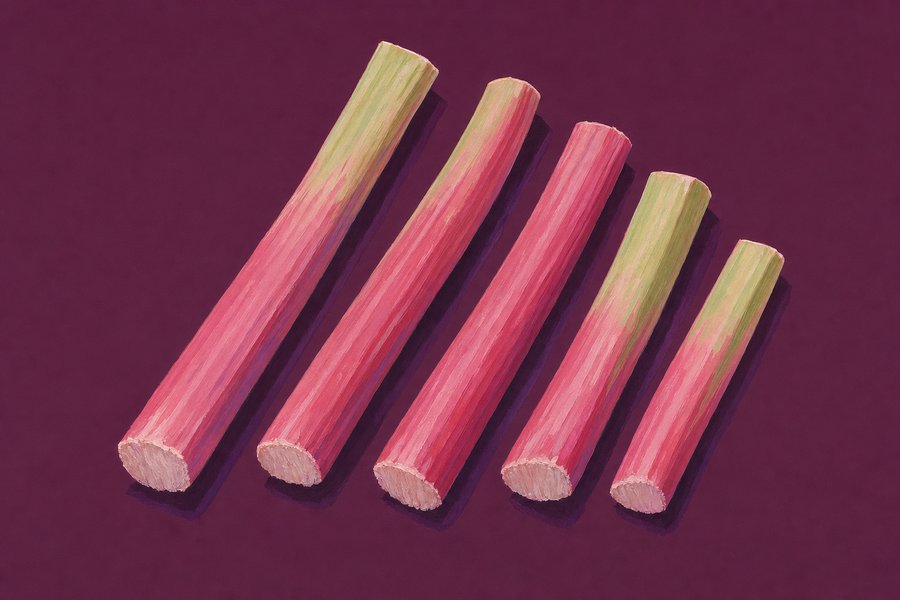 Five trimmed rhubarb stalks of varying length laid side by side at a slight angle, bright rosy pink shading to pale green, with no leaves at all.