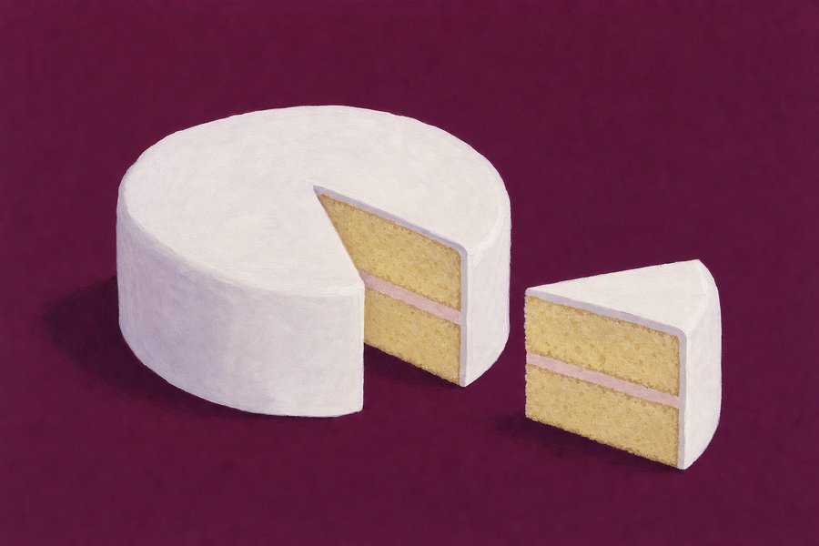 A round cake covered by a single smooth sheet of matte white sugar paste, one wedge cut away and set beside it so the thin white skin over the sponge is visible in the cut face.