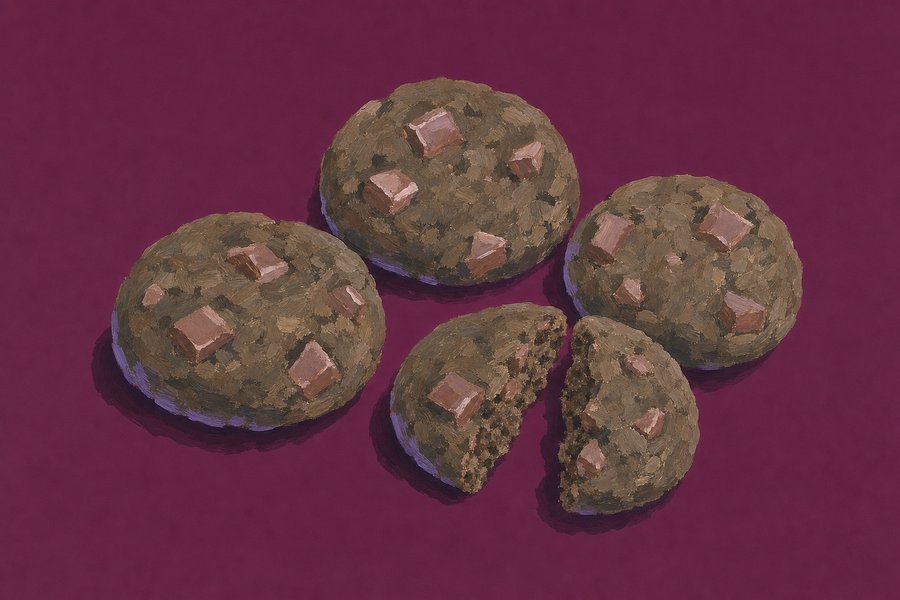 Four rough round rye biscuits with irregular pale milk chocolate chunks set into a greyish-brown dough, one broken in half to show a close crumb.