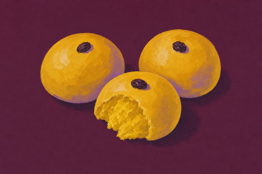 Three plain round saffron buns in a close triangle, one torn open to show an even yellow crumb, each with a single raisin on top.