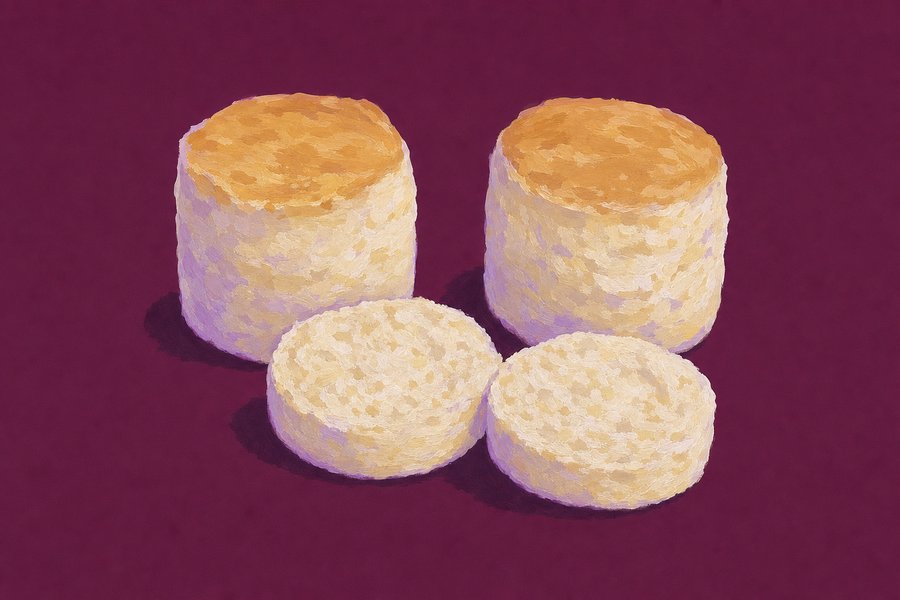 Three tall straight-sided scones, one split horizontally into two halves lying cut-side up, showing an open crumb and a clean break line.