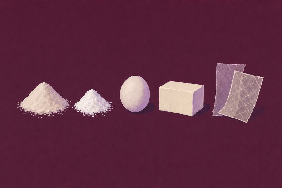 The five setting agents in a row on a plum ground: a heap of pectin powder, a smaller finer heap of cornflour, a whole egg, a squared block of butter, and two translucent leaves of gelatin standing slightly curled.
