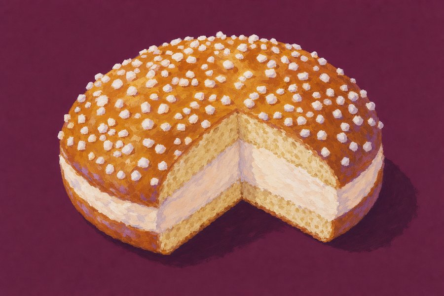 A round tarte tropézienne with a pearl-sugar-scattered brioche lid, one wedge cut away to show a thick pale cream layer between the two halves of the brioche.